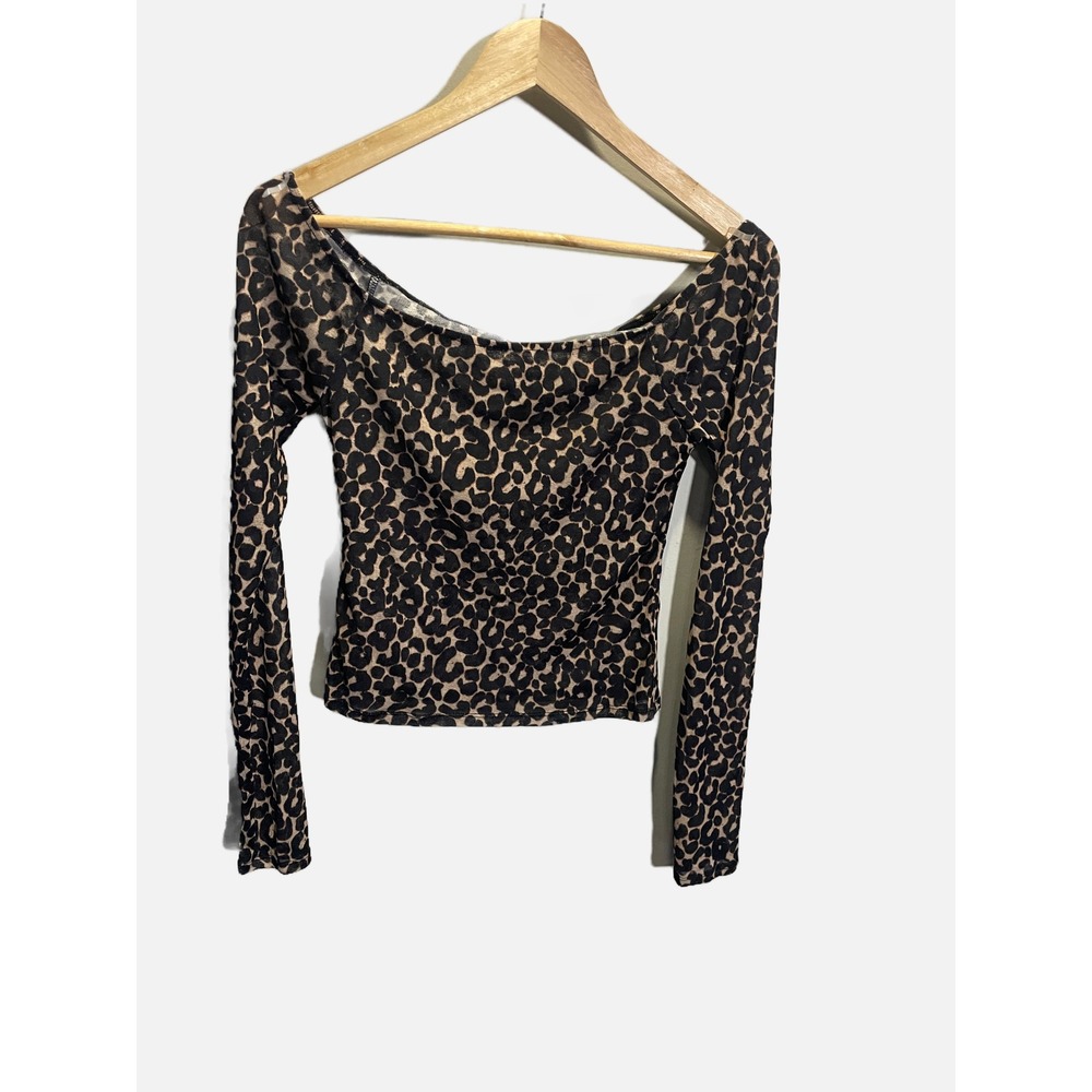 Wild Fable Leopard Print Top Womens Large Brown Off Shoulder Long Sleeve Cropped